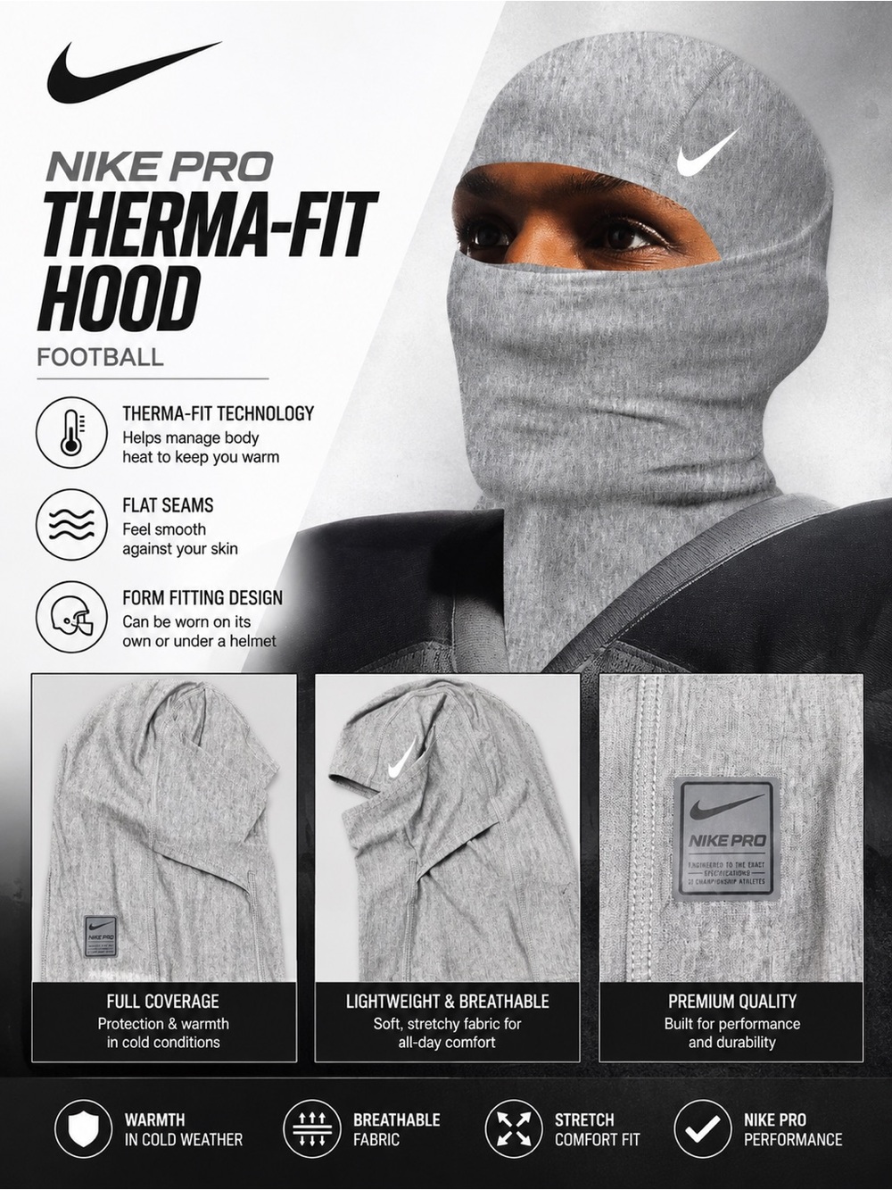 Nike Gray Hooded Mask in Packaging with White Text - Football